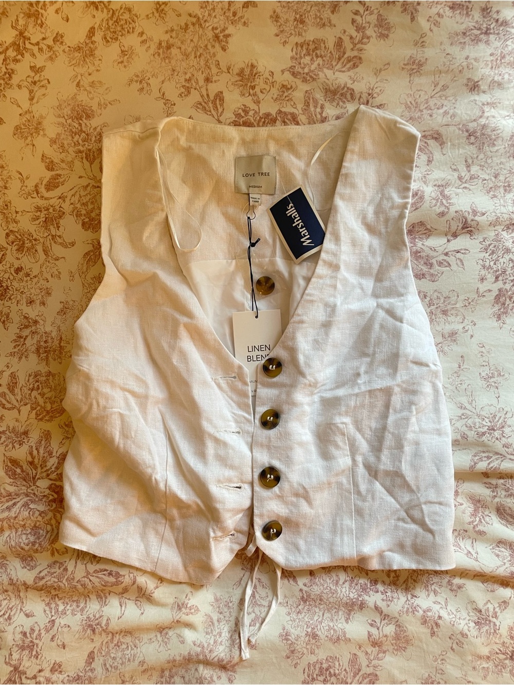 Love Tree White Linen-Blend Button Front Vest with Tie